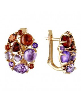 Серьги из красного золота 585 пробы с гранатами и аметистами 01С316232-1