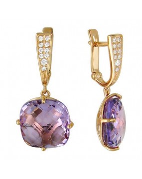 Серьги из красного золота 585 пробы с фианитами и аметистами 01С315078-2