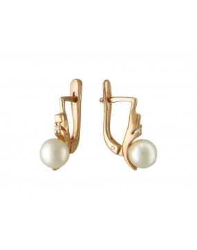 Серьги из красного золота 585 пробы с жемчугом и фианитами 01С311273-1