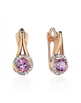 Серьги из красного золота 585 пробы с фианитом и аметистом 01С3114173Р-1