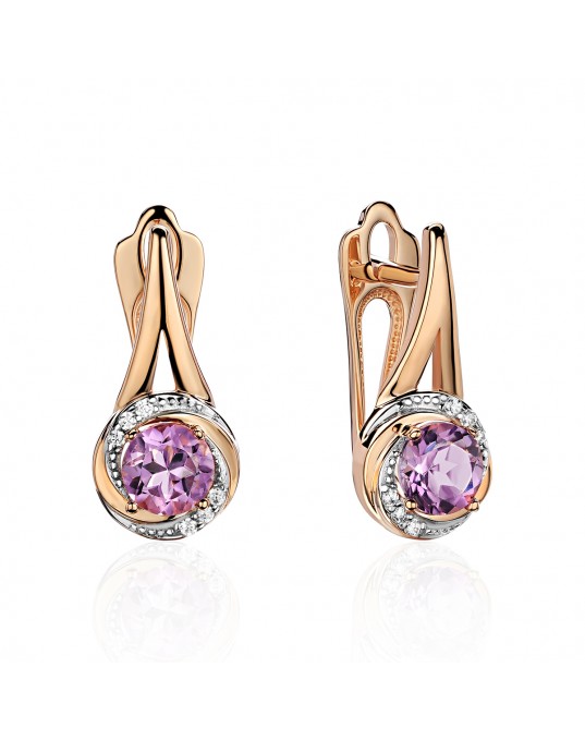 Серьги из красного золота 585 пробы с фианитом и аметистом 01С3114173Р-1