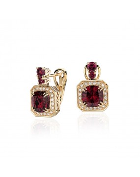 Серьги из желтого золота 585 пробы с родолитом и бриллиантами 01С6314194-1