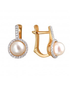 Серьги из красного золота 585 пробы с жемчугом и фианитами 01С3111542-1