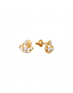 Серьги из красного золота 585 пробы с жемчугом и фианитами 01С3111968-1